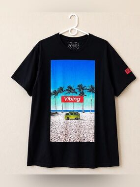 Cino Vibing Beach Graphic Tee Men’s XL Black Palm Tree Surf Van T-Shirt